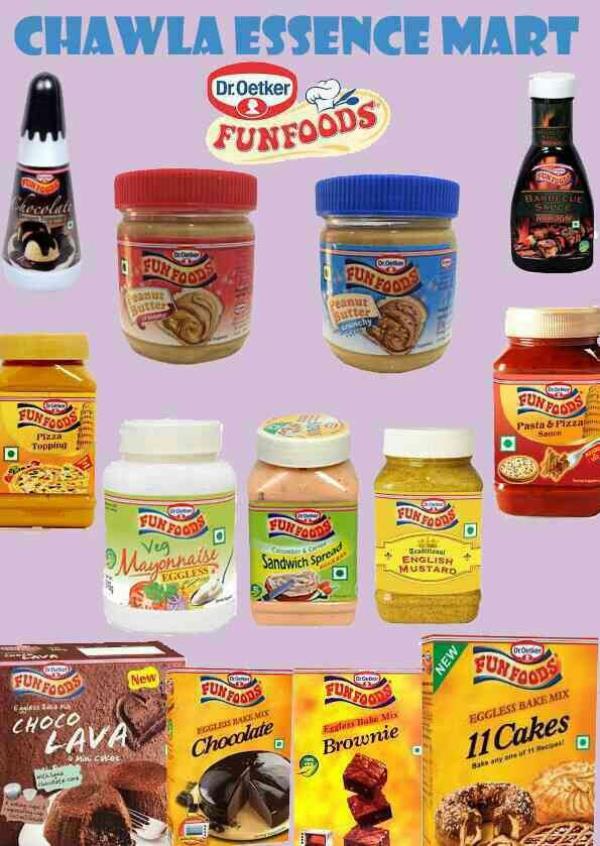 Fun foods products at Chawla Essence Mart!
Chocolate syrup
barbecue sauce
peanut butter creamy
peanut butter crunchy
chocolate fudge spread
pizza topping
pizza pasta sauce
sandwich spread
eggless mayonnaise
choco lava 
chocolate cake mix
11 cakes mix
vinaigrette salad dressing
and many more...
available at Chawla Essence Mart. Bake it with love bake it with us:-)  - by CHAWLA ESSENCE MART, Hyderabad
